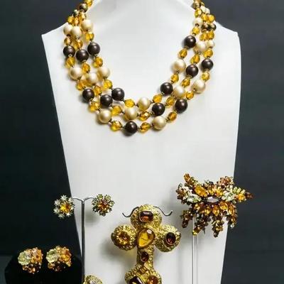 Vintage Amber Rhinestone Brooches, Earrings & Necklace