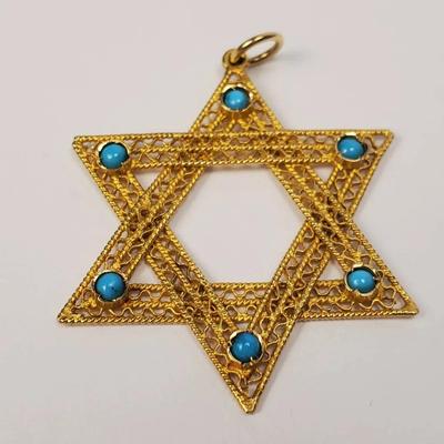 14K Gold Blue Stone Accented Judiaca Filligree Star Of David Pendant -1.5" Long