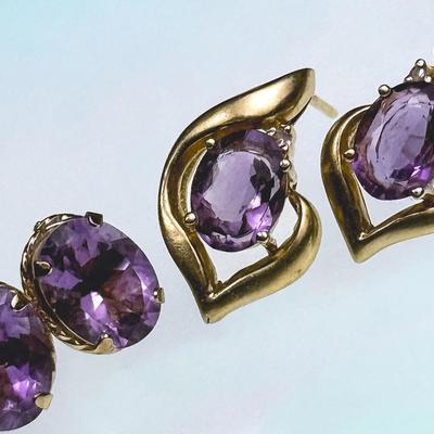 14K & 10K Gold Amethyst Earrings With 14K & 10K Backings - 2 Pairs