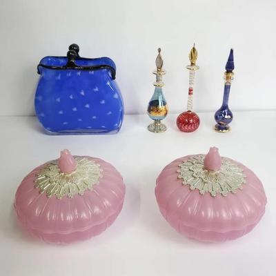 Murano Style Blue Glass Purse Vase, Egyptian Perfume Bottles & Avon Powder Boxes