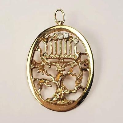 14K Gold Diamond Accented Judiaca Brooch - Tree Of Life Menorah -1.25" Long
