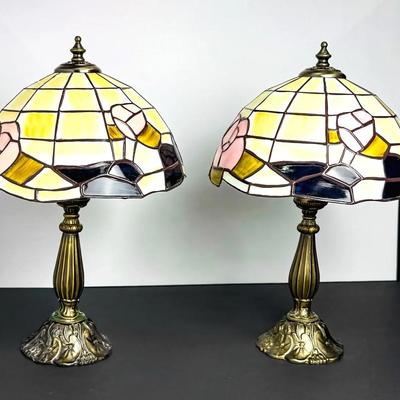 Tiffany-Style Table Lamps with Stained Glass Look Plastic Shades (2)-15" 