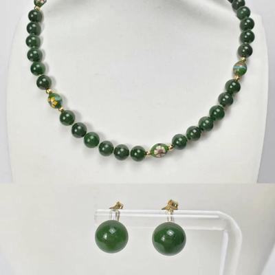 14K Gold Jadeite & Cloisonne Beaded 19" Necklace & 14K Nephrite Earrings & Backings