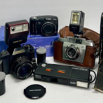 Vintage Cameras –Canon T50, PowerShot SX110IS, Agfa, Kodak No.2-A, Minolta 430E & Extras