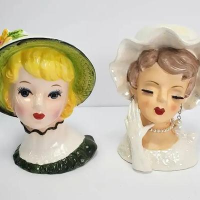 Vintage Lady Head Ceramic Vase Pair 