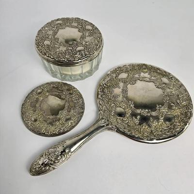 Vintage Hand Mirrors and Powder Box, Baroque Design, Silver-Plated