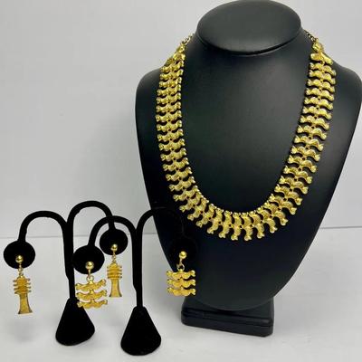 Vintage Alva Studios Costume Jewelry Gold Tone Necklace & Earrings