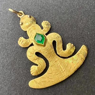 18K Gold Emerald Accented Lizard Pendant - 1.25" Long
