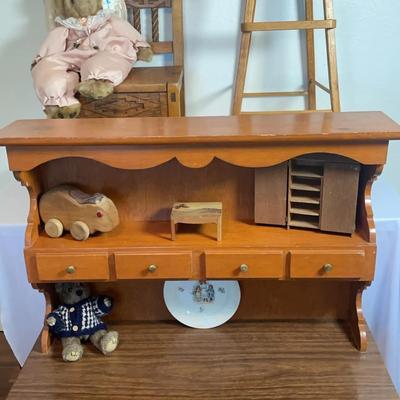 Vintage Wooden Doll High Chair With Antique Child’s Chair And Hutch