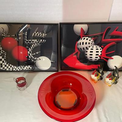 Checkerboard, Abstract, Art Prints And Red Bowl