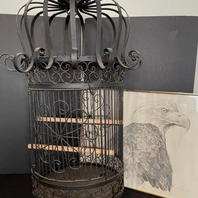 Vintage Wrought Iron Bird Cage With Framed Eagle Pic
