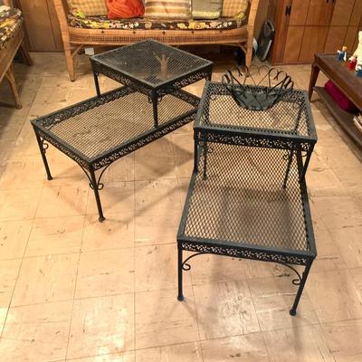 Mid-century metal mesh step end tables.