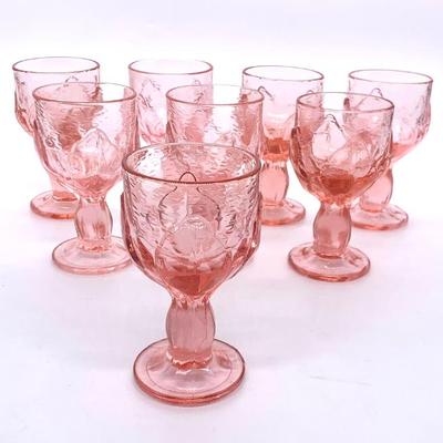 Vtg. Tiffen Franciscan Cabaret glass wine goblets, pink lotus flower, set/8
