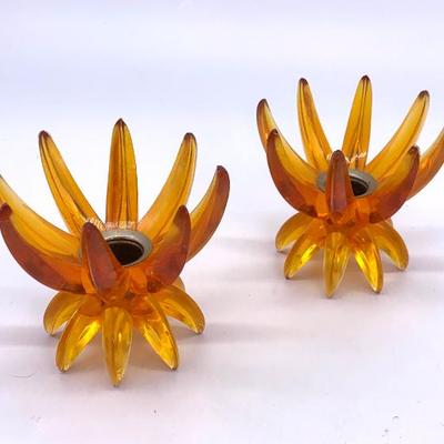 Pr. MCM amber Lucite lotus candle holders