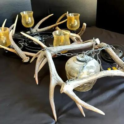 Rustic Antler-Inspired Ceiling Light Fixtures with Amber Glass Shades