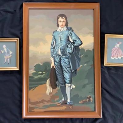 “Blue Boy” Style Framed Painting & Pair of Needlepoint Art