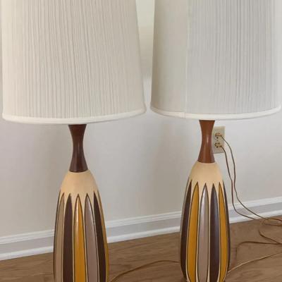 Pair of Mid-Century Modern Ceramic & Wood Table Lamps