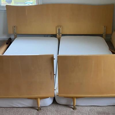 Mid-Century Modern Blonde Wood Bed with Mattresses and Springs