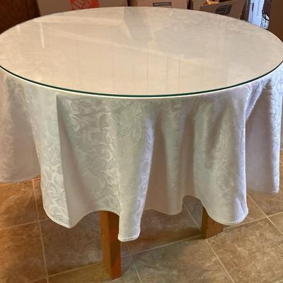 Round Wooden Table with Removable Glass Top & Tablecloth