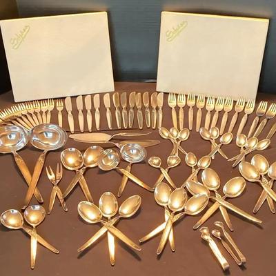 Stylized Gold-Tone Flatware Set for 12 with Serving Pieces