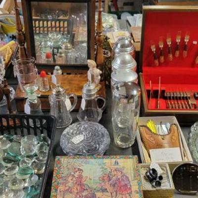 Vintage glassware including..... shakers, oil lamps, and vanity set