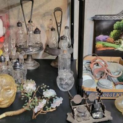 Sale Photo Thumbnail #53: Antique Cruet Set's, Ball Jar Lids, and Ink Well Stand