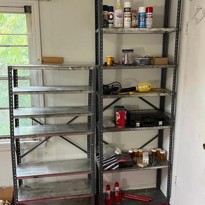 Two Metal Shelves And Contents