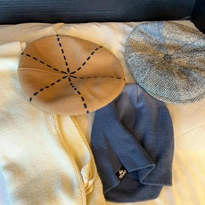 Winter Wear!  White Scarf, Tan Beret, Koloa Blue Stocking Cap, Harris Tweed Wool Cap