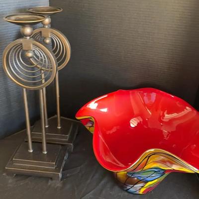 Large Modern, Red Colorful Glass Decorative Bowl And 2 Metal Candle Holders 