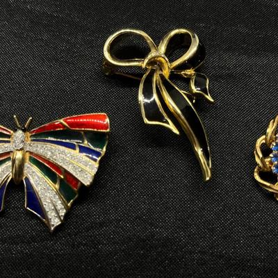 Multi-Colored Butterfly Brooch, Gold Tone & Black Bow Brooch, Curb Link Circle Brooch w/Blue