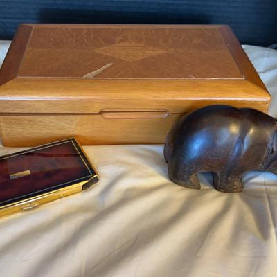 Large Wooden Jewelry Box, Metal Cigarette Case And Wooden Bear