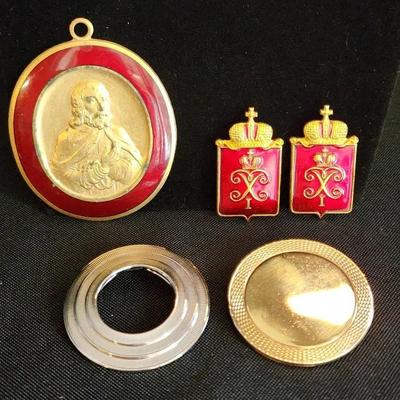 Variety, Degree Of Chevalier Medallion, Netepto Red & Gold Crown Pins, Hinged Scarf Clips