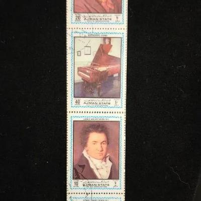 (4) Laminated Ludvig Beethoven Stamps, State Of Ajman, 40 Dirhams