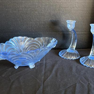 Vintage Cambridge Caprice Moonlight Blue Glass Bowl And Candlestick Holders