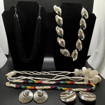 925 SS Chunky Necklace, 3 Beaded Necklaces, 2 Pair of Clip-on Earri