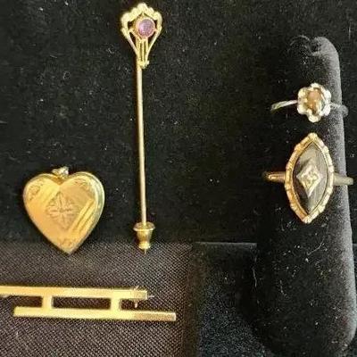 (5) Gold & Silver Jewelry, 10K Gold Ring, Silver Ring, Hat Pin, Gold Brooch, Gold Locket 