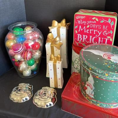 Christmas Decorations - Including Tall Glass Holiday Presents and Gift Tins