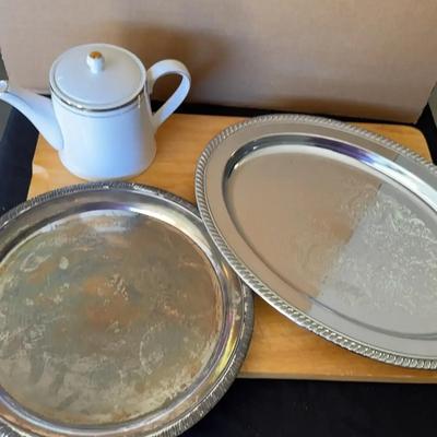 Grace Teaware Porcelain Teapot, Wood Cutting Board, Silver Platters, 