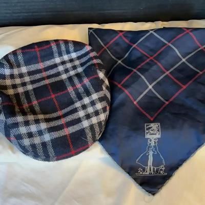 Blue Tartan Plaid Burberry Of London Cap Hat And Silk Scarf