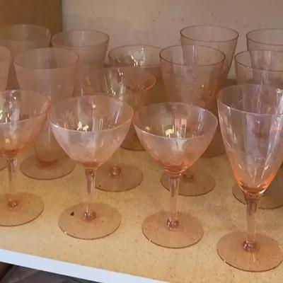 Pink Depression Glass Etched Floral Glasses