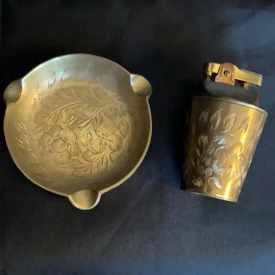 Set Brass Carved Ashtray And Refillale Lighter From India 