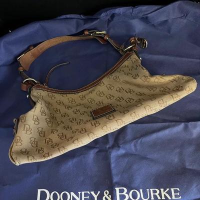 Dooney & Burke Canvas Logo Print Tan Hobo Shoulder Bag with Dust Bag Purse