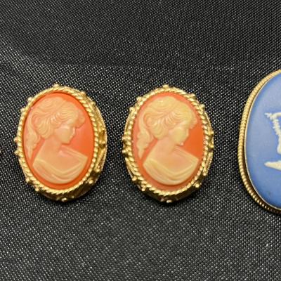 14K Gold Shell Cameo, Sarah Coventry Cameo (2), Wedgwood Blue Jaspersware - Brooch/Pendants, Vintage