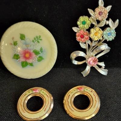 Vintage Brooch (4), Silver Floral Bouquet With Pretty Stones, Avon, Guilloche Enamel