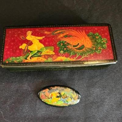 Vintage Russian Signed Folk Art Lacquer Box & Signed Folk Art Pin