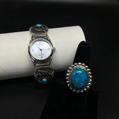 Navajo Bear Claw Watch with Turquoise & Coral Stones, Turquoise Adjustable Ring