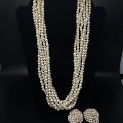 Multi-strand Faux Pearl Necklace + Cluster Clip-on Earrings