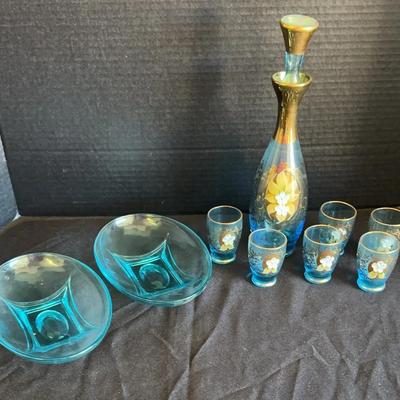 Vintage Murano Blue Glass Decanter Set And Capri Blue Serving Bowls 