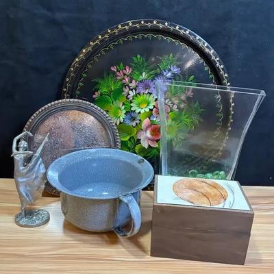 Toleware tray recipe box and ballerina statue