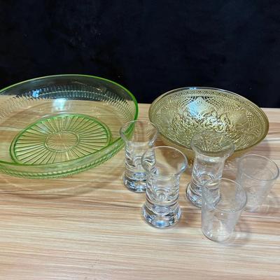 Green depression glass bowl and heavy bottom shot glasses